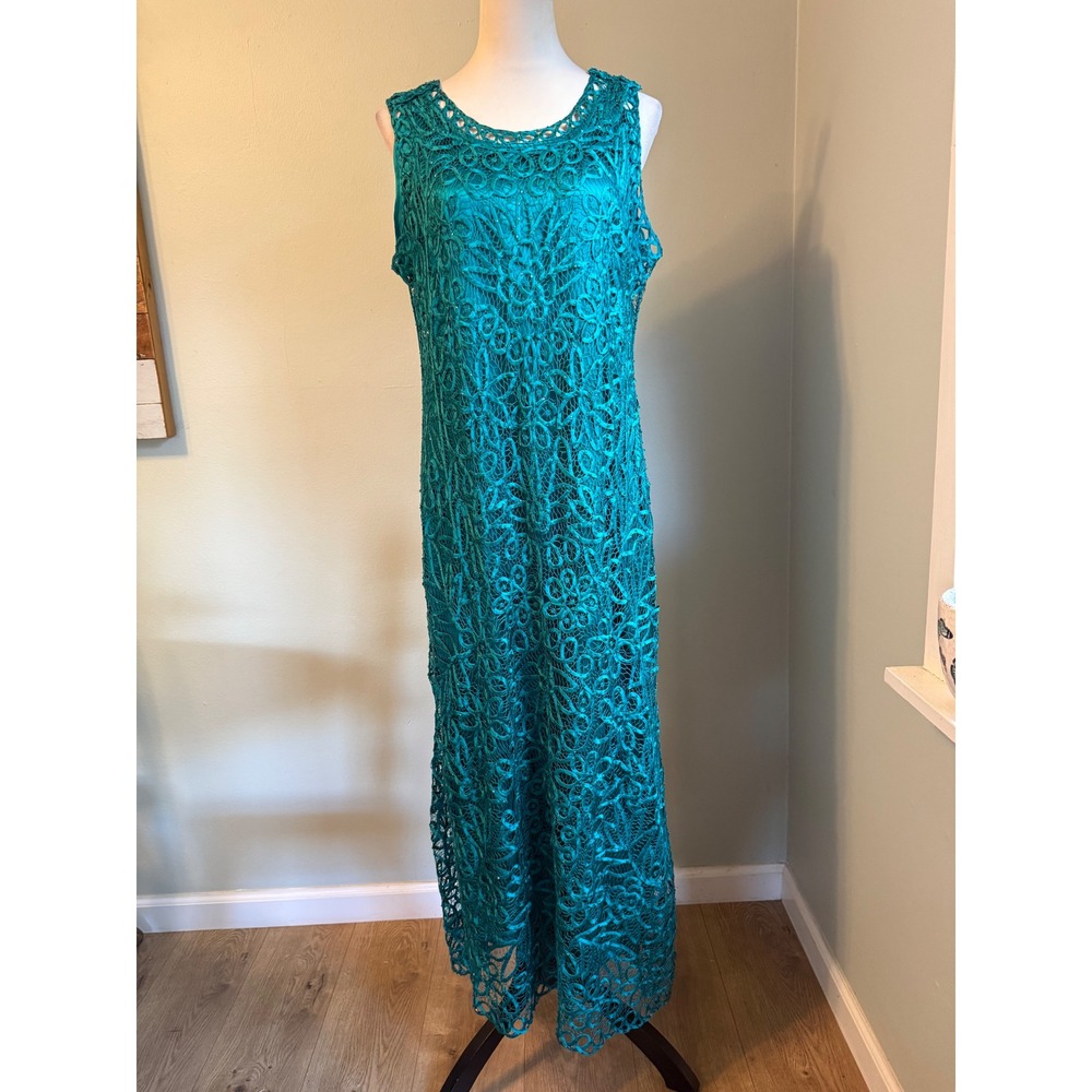 Soulmates Crochet Lace Beaded Maxi Dress Teal Sleeveless Formal Gownwhimsi fairy